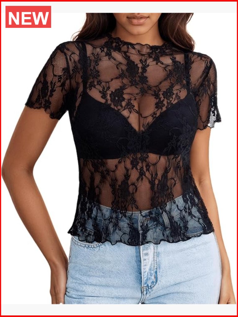 Lace Mesh Short Sleeve Top Mock Neck Sheer Fitted T-Shirt With Floral Pattern